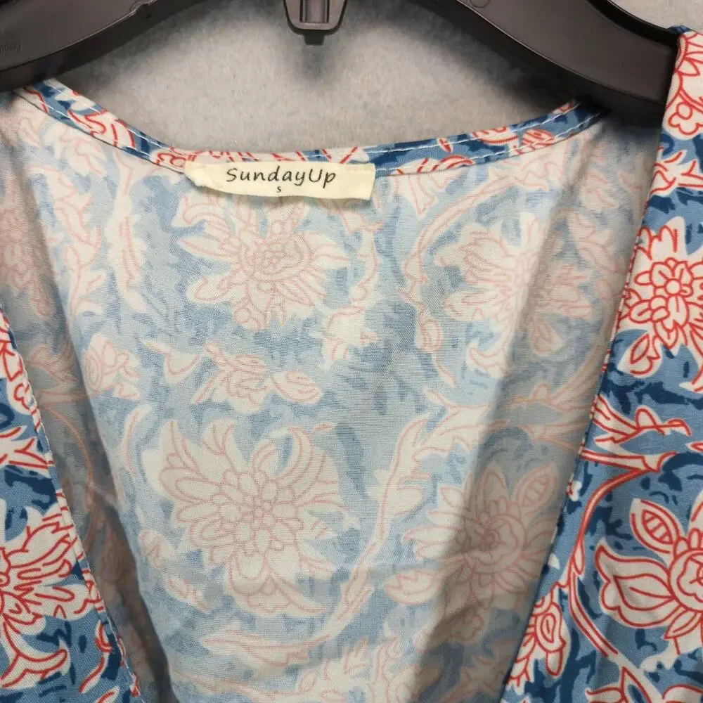 SundayUp Floral Tiered Midi Dress Sz S Puff Sleeves Blue/Orange V-Neck Cottage - Picture 3 of 10